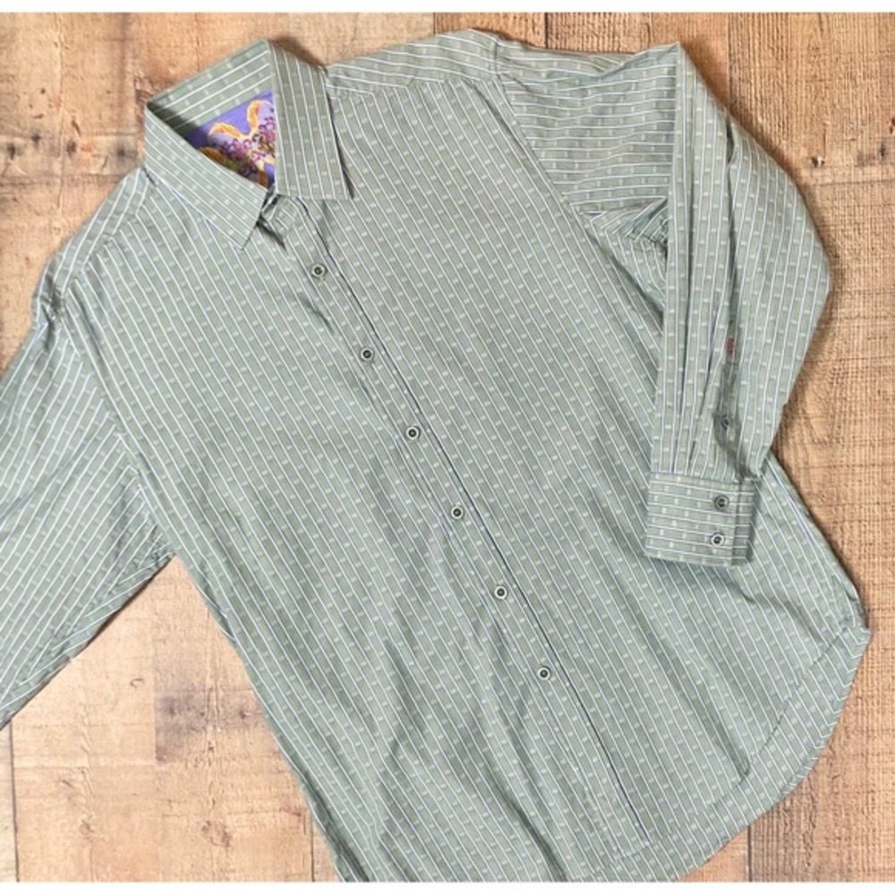 Robert Graham Mens Large Green Striped Dobby Long Sleeve‎ Button Down Shirt L/G